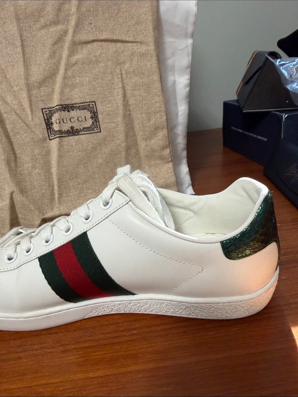 Gucci White Leather Sneakers with Green & Red Web and Gold Bee - Picture 4 of 7